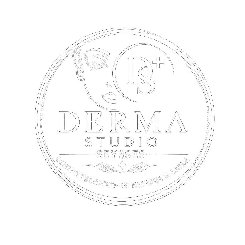 Logo Derma Studio Seysses : visage féminin, centre technico-esthétique et laser, typographie élégante en cercle.