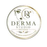Logo Derma Studio Seysses, visage de femme, or et vert, centre esthétique.